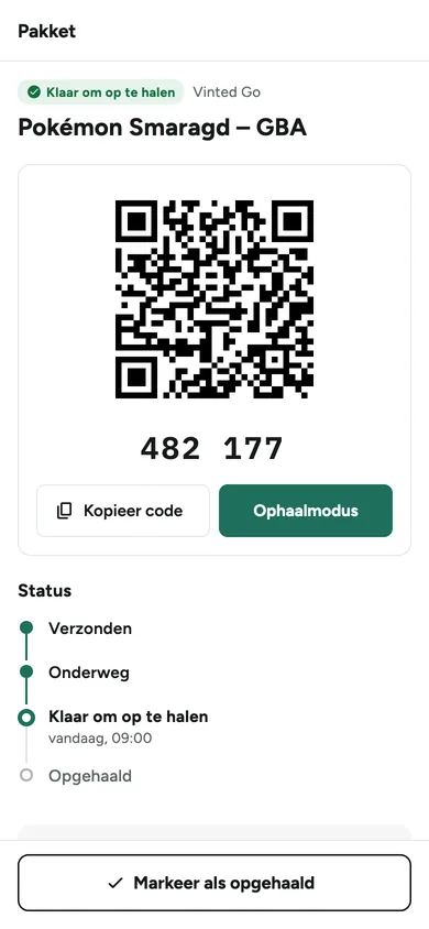 Detailscherm van een pakket met QR-code, ophaalcode en statusverloop
