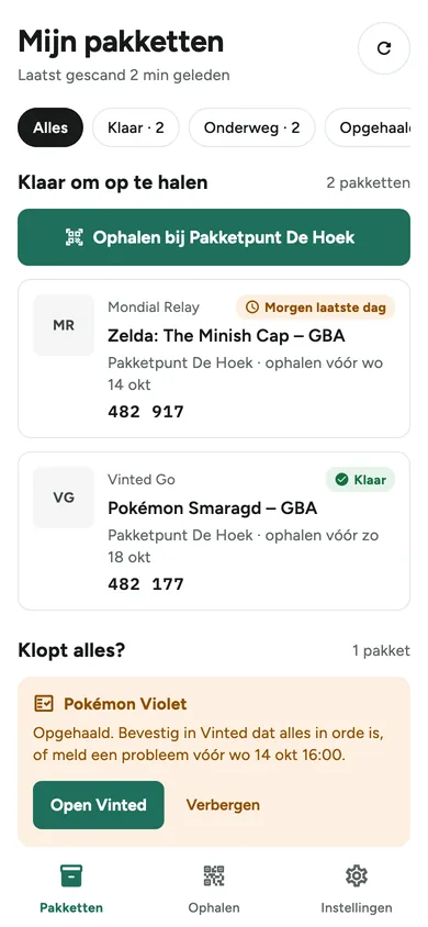 Startscherm van Pakket Buddy met een lijst van pakketten die klaarliggen